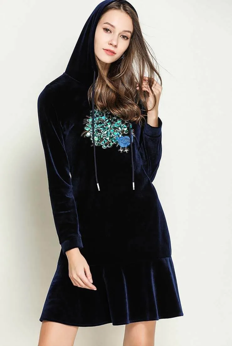 Splicing Embroidered Design Velvet Hooded Shirt Dress