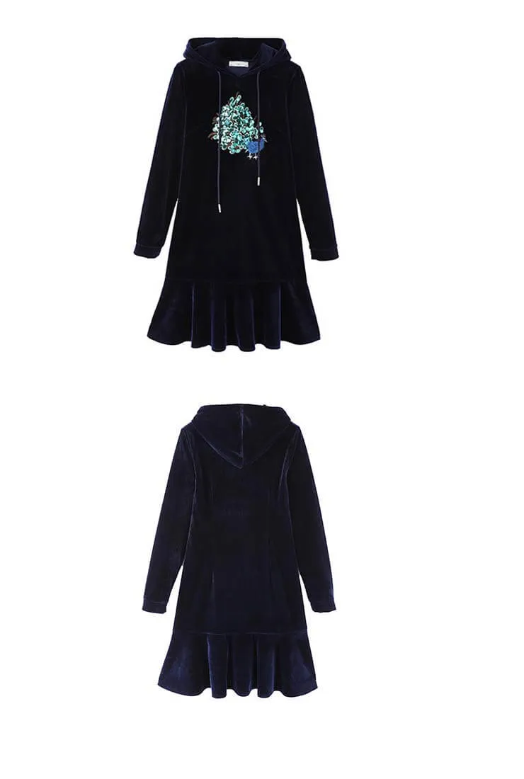 Splicing Embroidered Design Velvet Hooded Shirt Dress