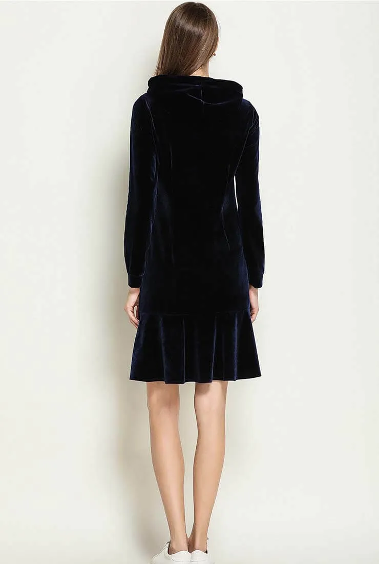 Splicing Embroidered Design Velvet Hooded Shirt Dress