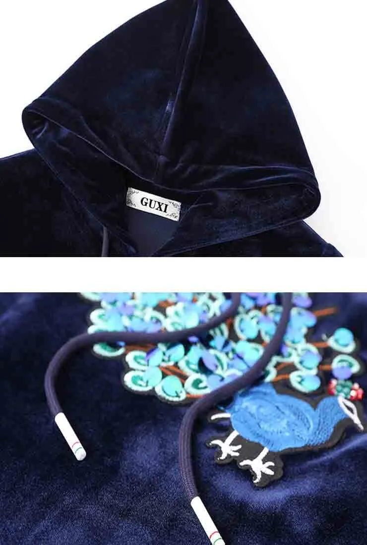 Splicing Embroidered Design Velvet Hooded Shirt Dress