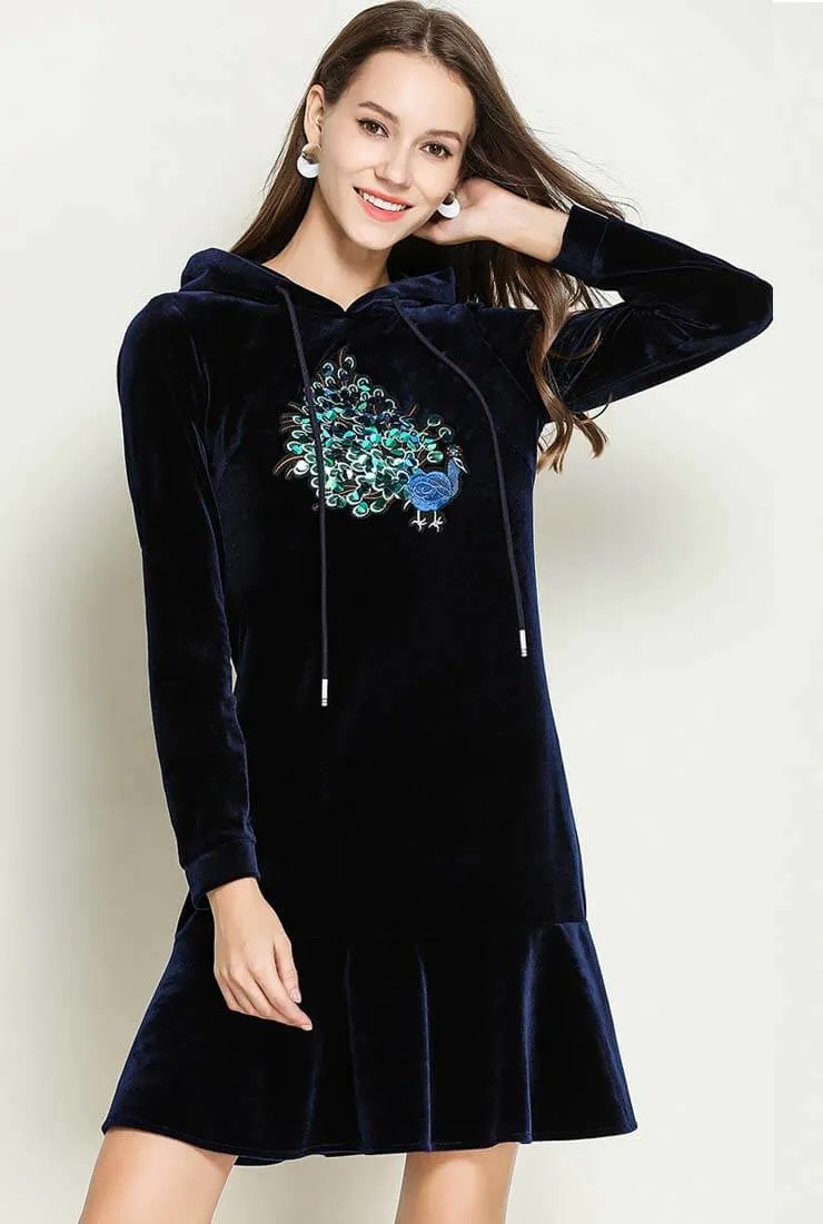 Splicing Embroidered Design Velvet Hooded Shirt Dress