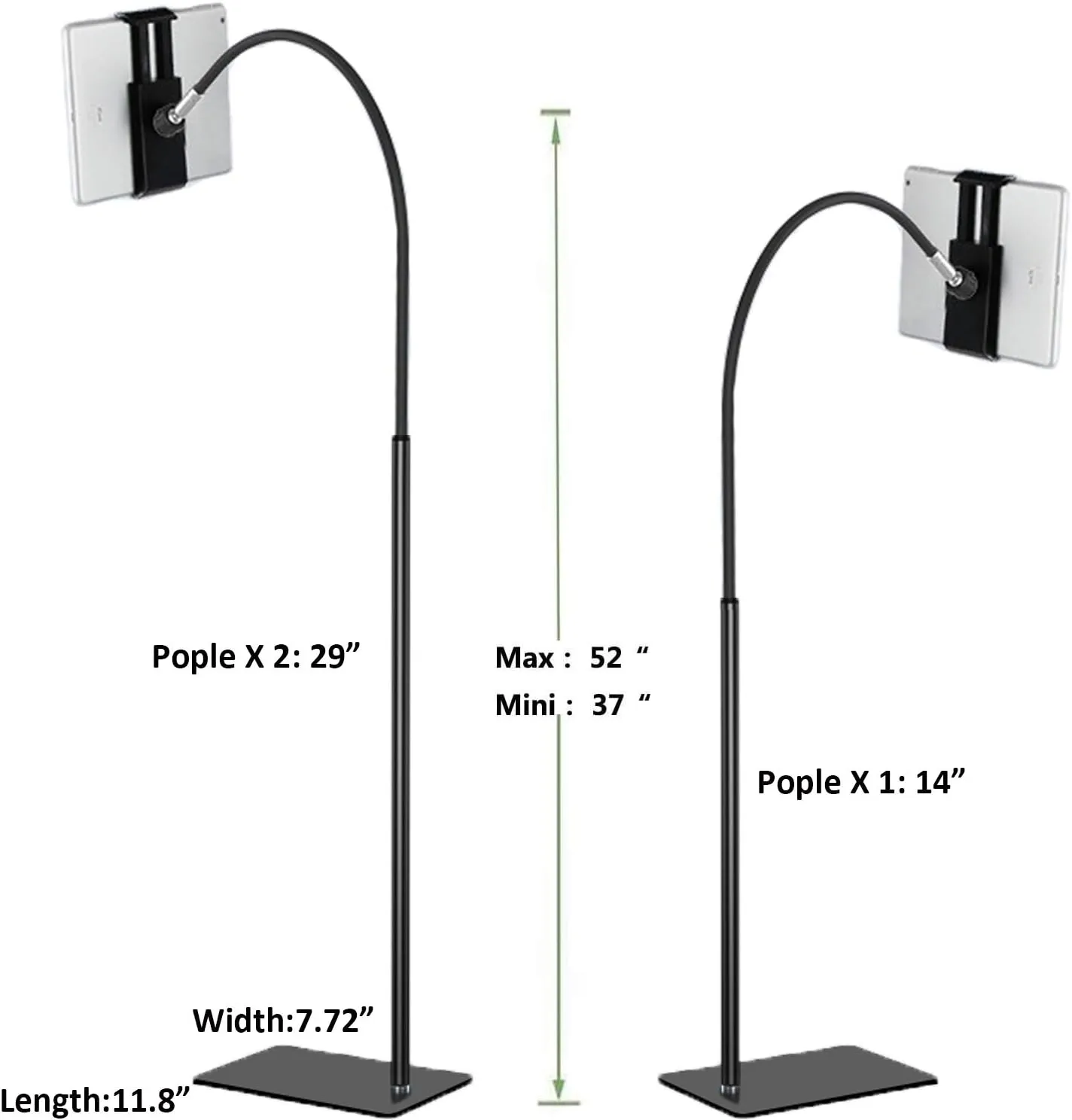 Tablet Floor Stand with Flexible Gooseneck and Stable Base, Tablet Stand Adjustable 360 Degree Roating Floor Stand for iPad, Cell Phone Within 3.5-9.7 inches, Black