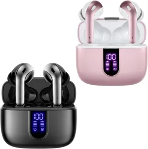 TAGRY 2 Sets X08 Pink and Black Bluetooth Headphones True Wireless Earbuds 60H Playback Ear Buds with Wireless Charging Case in-Ear Earbuds with Mic