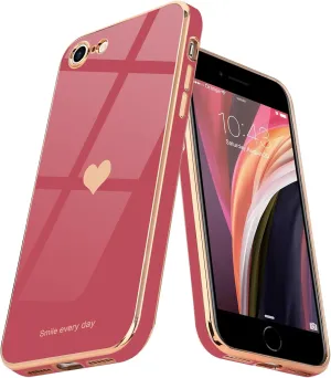 Teageo for iPhone SE 2020/2022 Case, for iPhone 7 Case, for iPhone 8 Phone Case for Women Girl Cute Love-Heart Luxury Bling Soft Cover Camera Protection Bumper Silicone Shockproof Case, Bright Blush