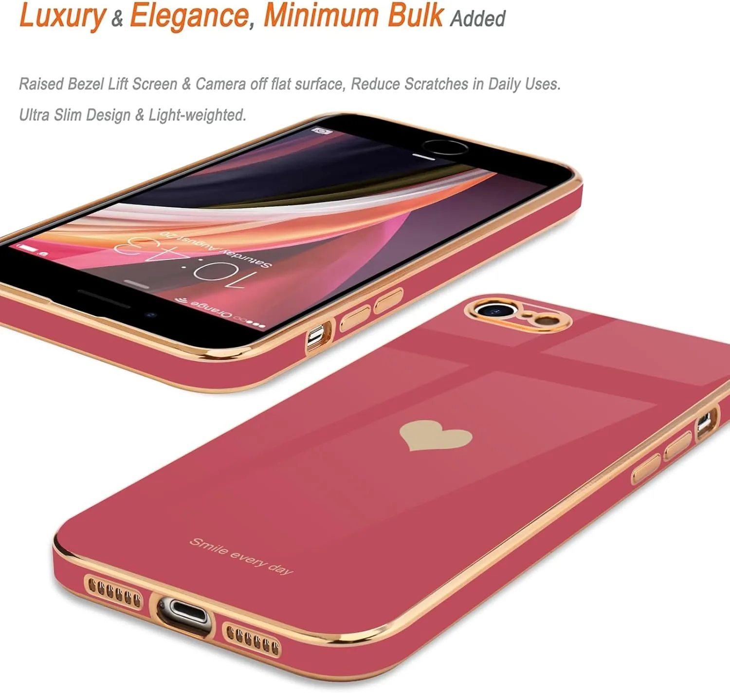 Teageo for iPhone SE 2020/2022 Case, for iPhone 7 Case, for iPhone 8 Phone Case for Women Girl Cute Love-Heart Luxury Bling Soft Cover Camera Protection Bumper Silicone Shockproof Case, Bright Blush