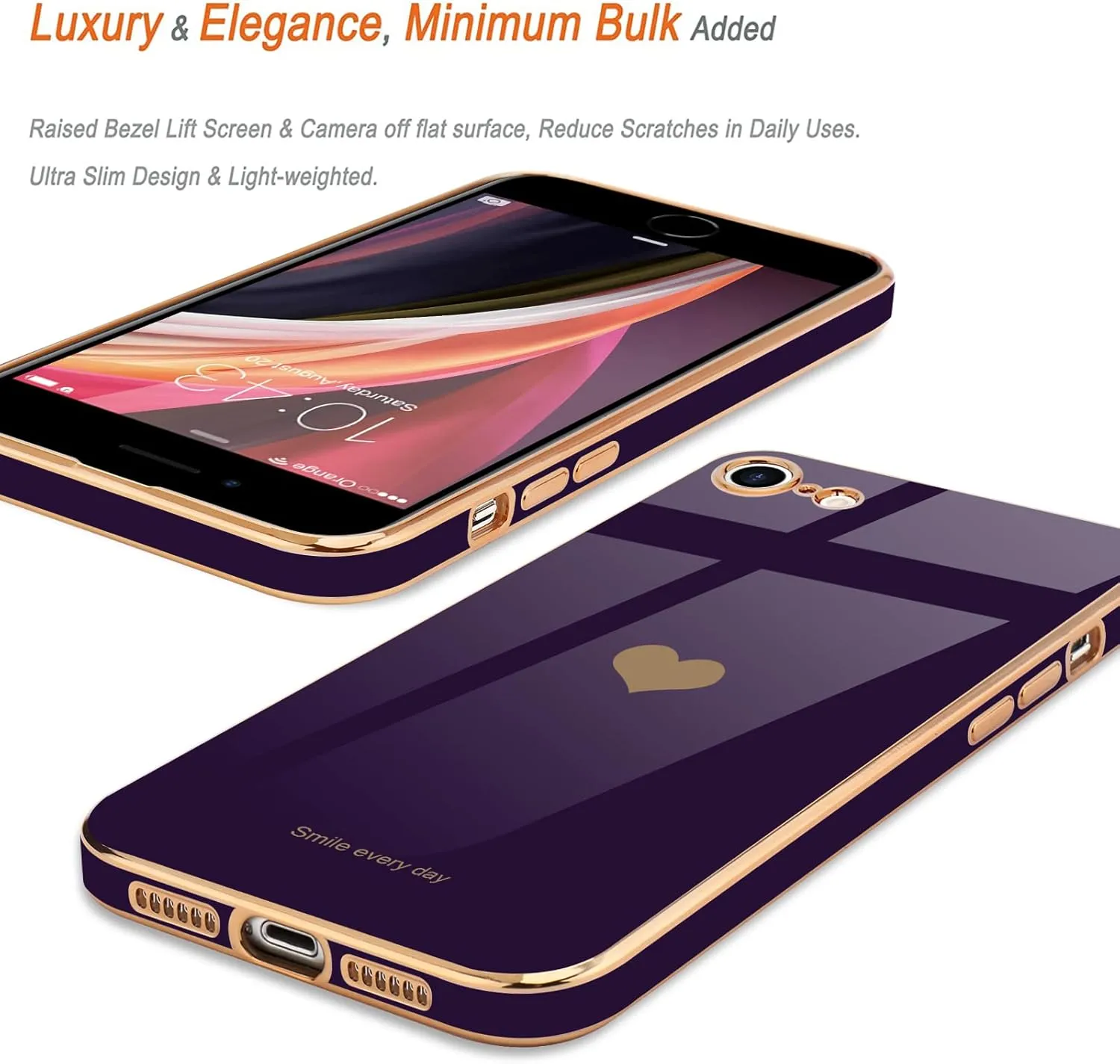 Teageo for iPhone SE 2020/2022 Case, for iPhone 7 Case, for iPhone 8 Phone Case for Women Girl Cute Love-Heart Luxury Bling Soft Cover Camera Protection Bumper Silicone Shockproof Case, Dark Purple