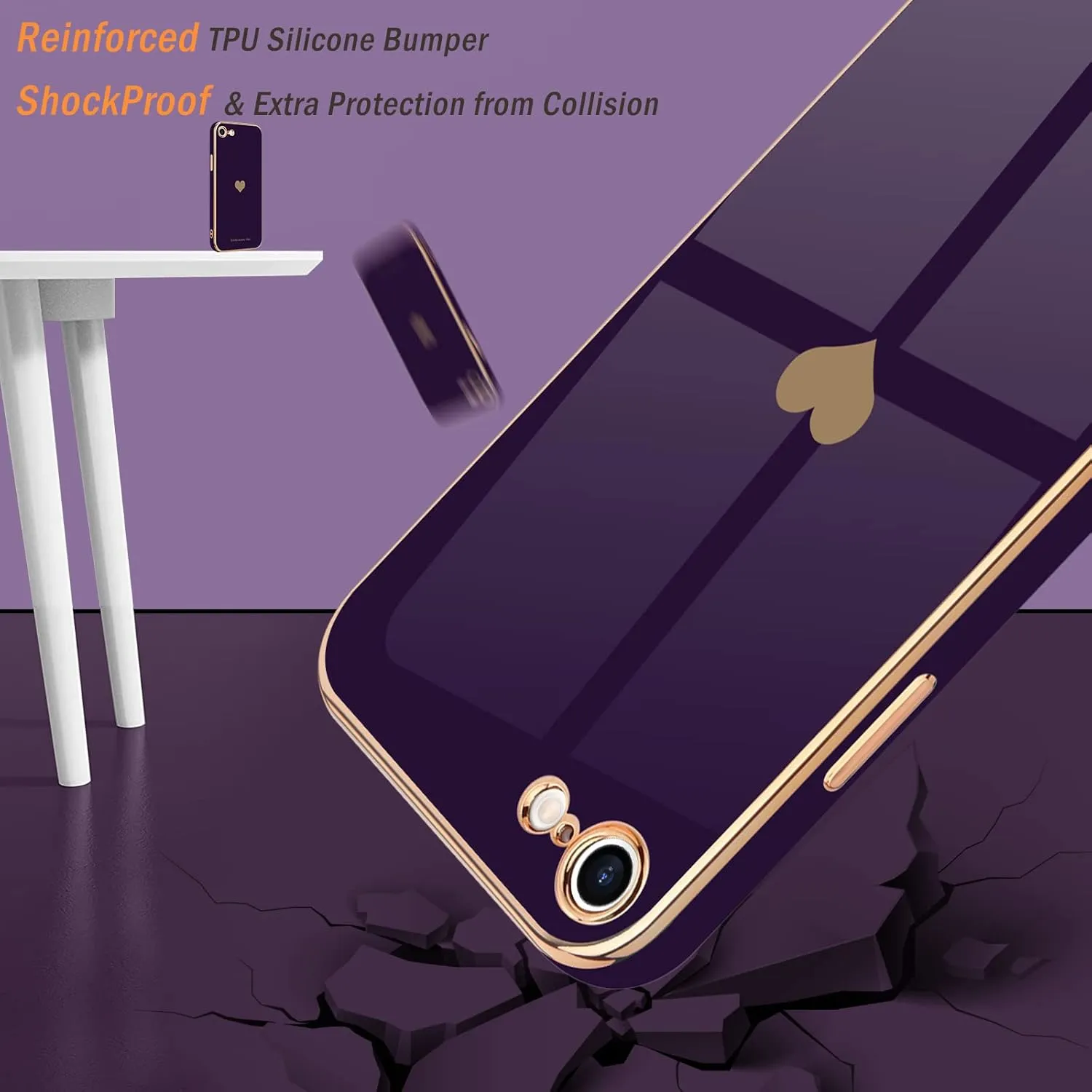 Teageo for iPhone SE 2020/2022 Case, for iPhone 7 Case, for iPhone 8 Phone Case for Women Girl Cute Love-Heart Luxury Bling Soft Cover Camera Protection Bumper Silicone Shockproof Case, Dark Purple