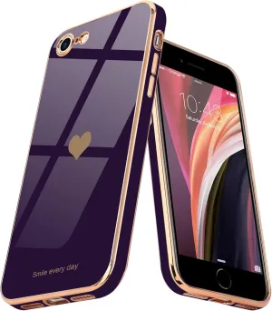 Teageo for iPhone SE 2020/2022 Case, for iPhone 7 Case, for iPhone 8 Phone Case for Women Girl Cute Love-Heart Luxury Bling Soft Cover Camera Protection Bumper Silicone Shockproof Case, Dark Purple