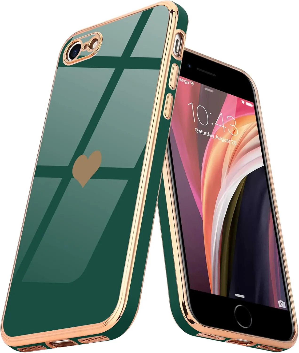 Teageo for iPhone SE 2020/2022 Case, for iPhone 7 Case, for iPhone 8 Phone Case for Women Girl Cute Love-Heart Luxury Bling Soft Cover Camera Protection Bumper Silicone Shockproof Case, Darkish Green