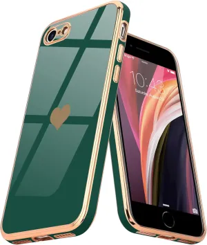 Teageo for iPhone SE 2020/2022 Case, for iPhone 7 Case, for iPhone 8 Phone Case for Women Girl Cute Love-Heart Luxury Bling Soft Cover Camera Protection Bumper Silicone Shockproof Case, Darkish Green