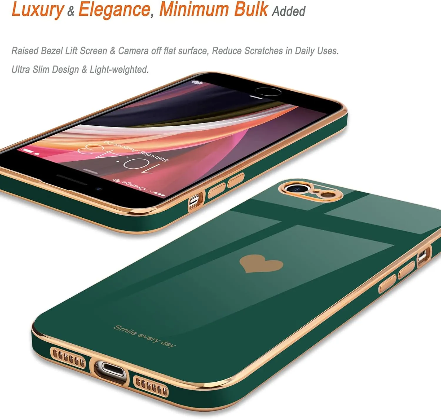 Teageo for iPhone SE 2020/2022 Case, for iPhone 7 Case, for iPhone 8 Phone Case for Women Girl Cute Love-Heart Luxury Bling Soft Cover Camera Protection Bumper Silicone Shockproof Case, Darkish Green