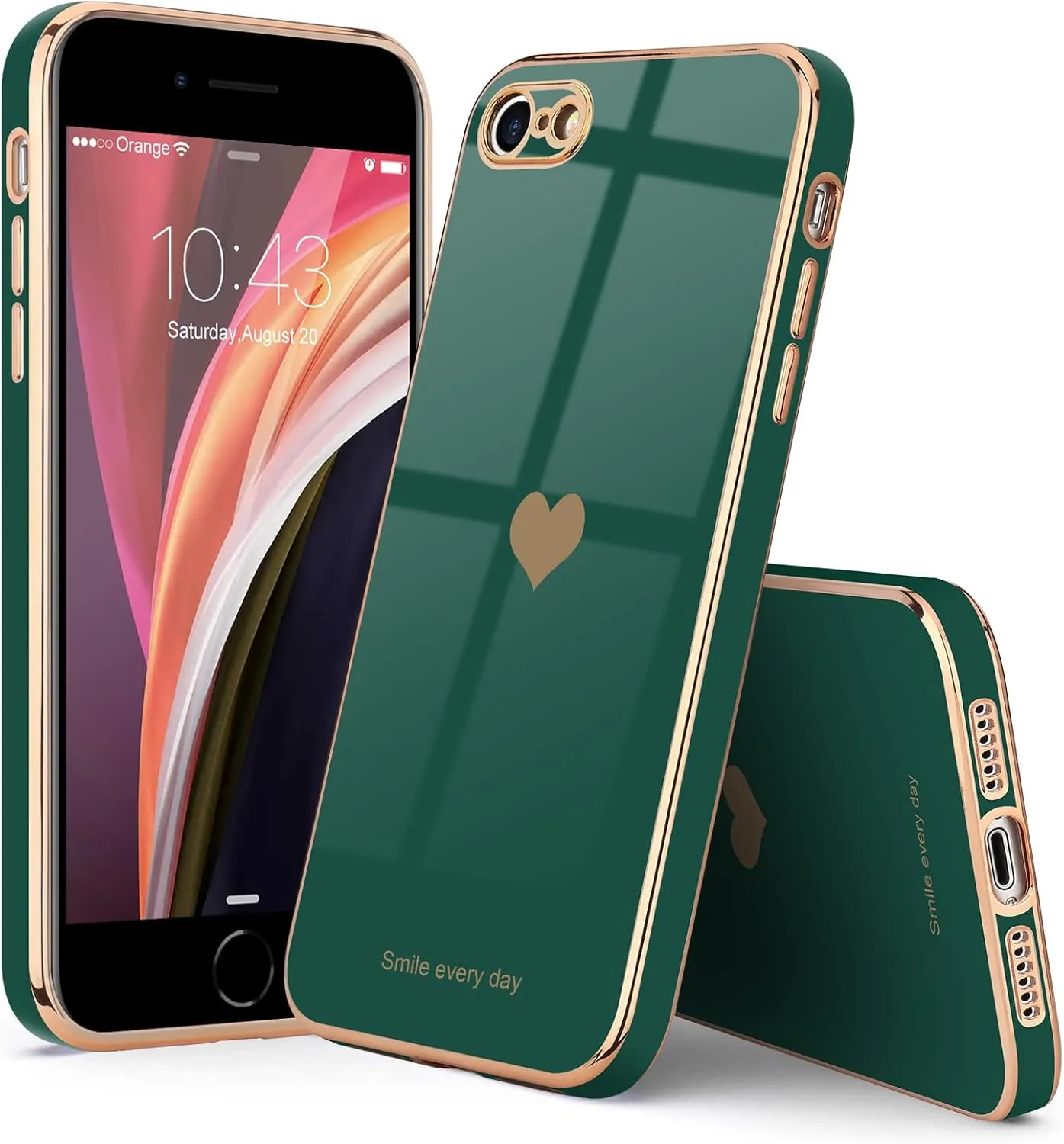 Teageo for iPhone SE 2020/2022 Case, for iPhone 7 Case, for iPhone 8 Phone Case for Women Girl Cute Love-Heart Luxury Bling Soft Cover Camera Protection Bumper Silicone Shockproof Case, Darkish Green