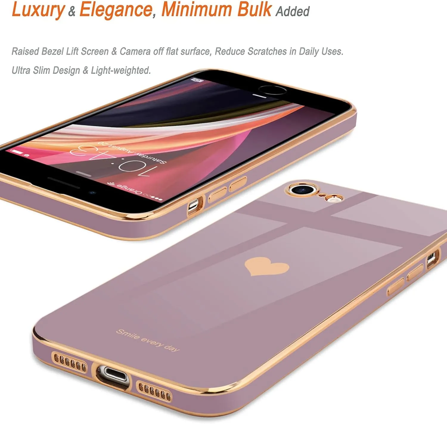 Teageo for iPhone SE 2020/2022 Case, for iPhone 7 Case, for iPhone 8 Phone Case for Women Girl Cute Love-Heart Luxury Bling Soft Cover Camera Protection Bumper Silicone Shockproof Case, Lavender