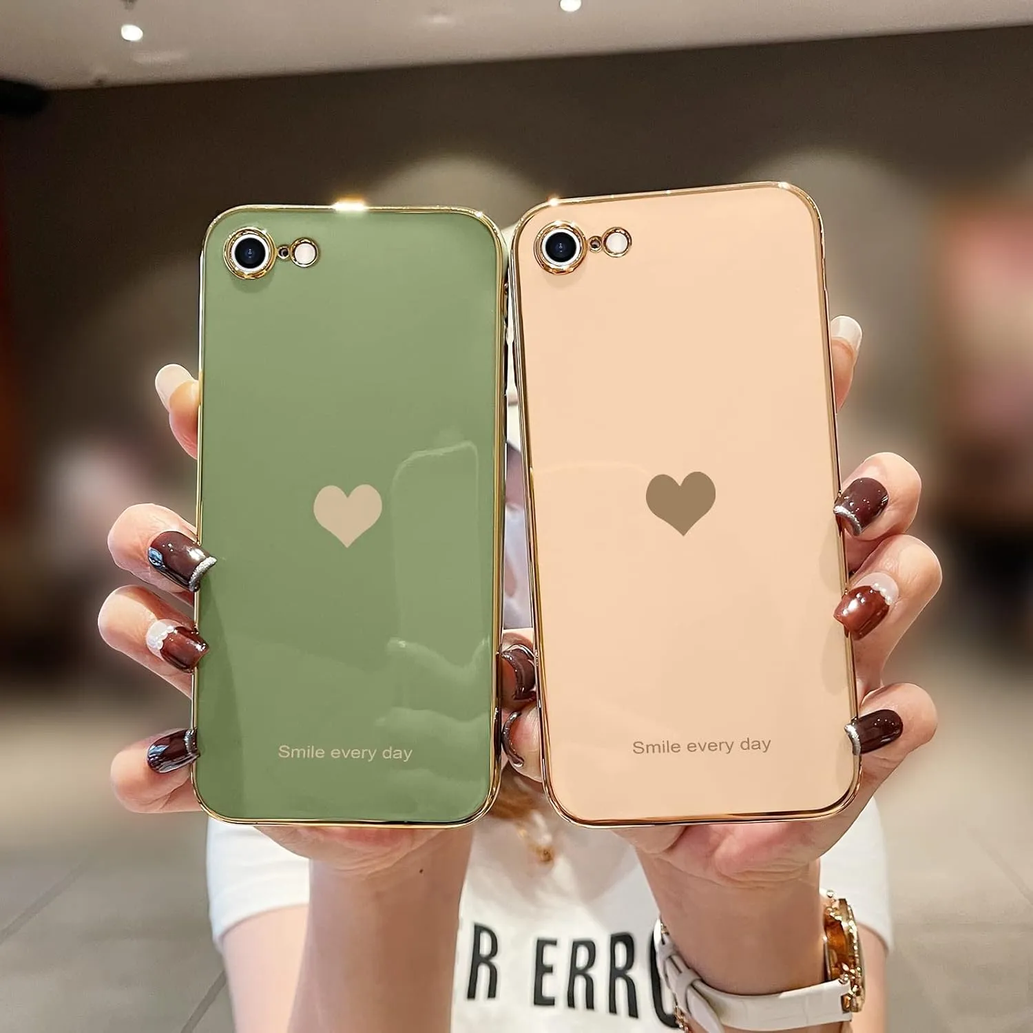 Teageo for iPhone SE 2020/2022 Case, for iPhone 7 Case, for iPhone 8 Phone Case for Women Girl Cute Love-Heart Luxury Bling Soft Cover Camera Protection Bumper Silicone Shockproof Case, Light Green