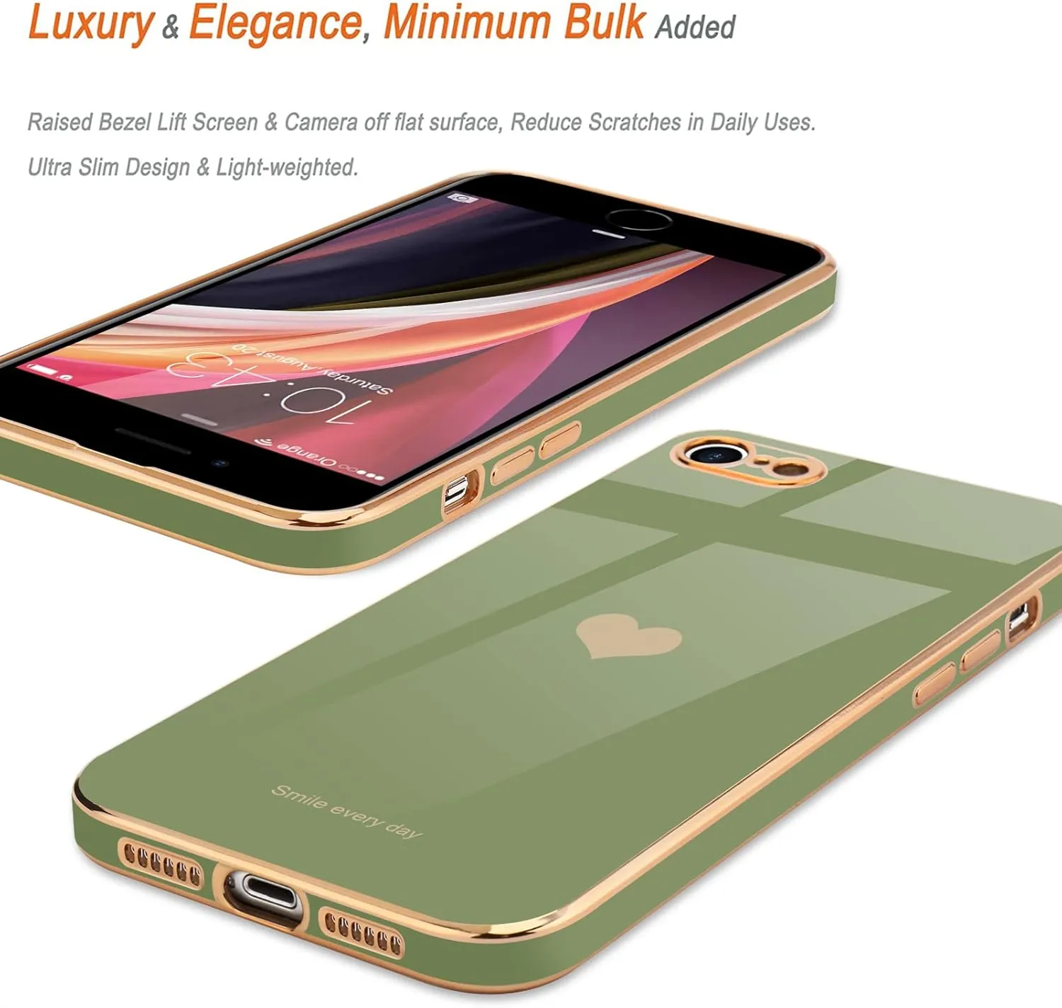 Teageo for iPhone SE 2020/2022 Case, for iPhone 7 Case, for iPhone 8 Phone Case for Women Girl Cute Love-Heart Luxury Bling Soft Cover Camera Protection Bumper Silicone Shockproof Case, Light Green