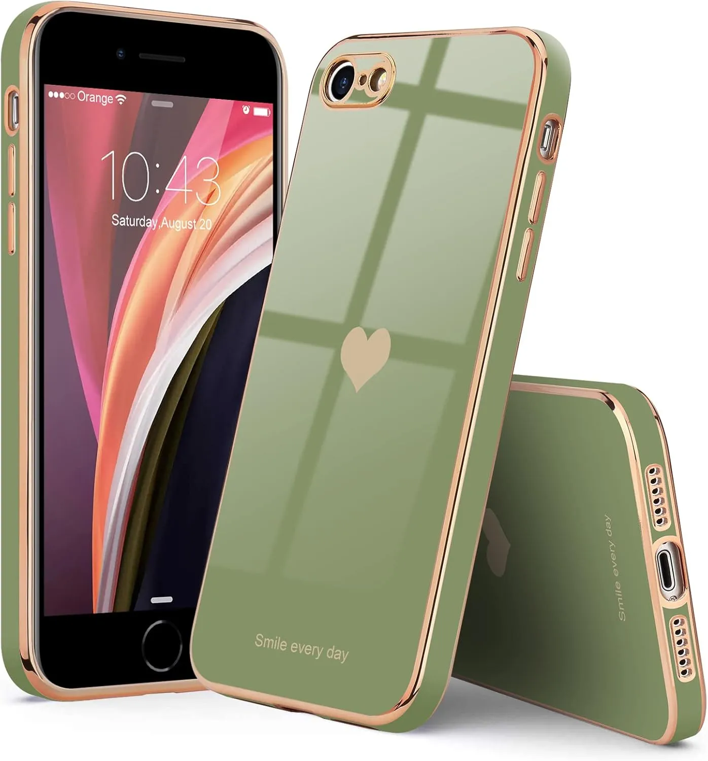 Teageo for iPhone SE 2020/2022 Case, for iPhone 7 Case, for iPhone 8 Phone Case for Women Girl Cute Love-Heart Luxury Bling Soft Cover Camera Protection Bumper Silicone Shockproof Case, Light Green