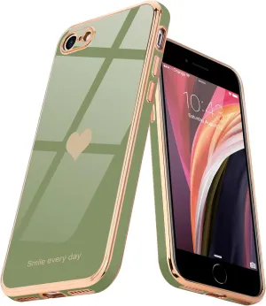 Teageo for iPhone SE 2020/2022 Case, for iPhone 7 Case, for iPhone 8 Phone Case for Women Girl Cute Love-Heart Luxury Bling Soft Cover Camera Protection Bumper Silicone Shockproof Case, Light Green
