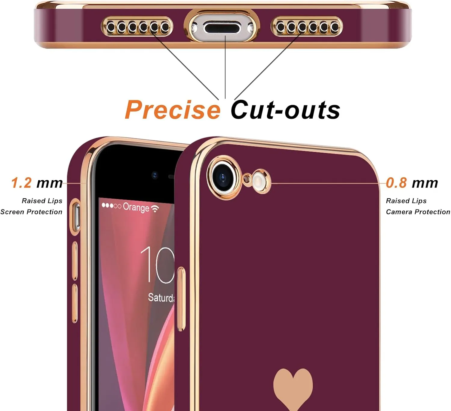 Teageo for iPhone SE 2020/2022 Case, for iPhone 7 Case, for iPhone 8 Phone Case for Women Girl Cute Love-Heart Luxury Bling Soft Cover Camera Protection Bumper Silicone Shockproof Case, Wine Red