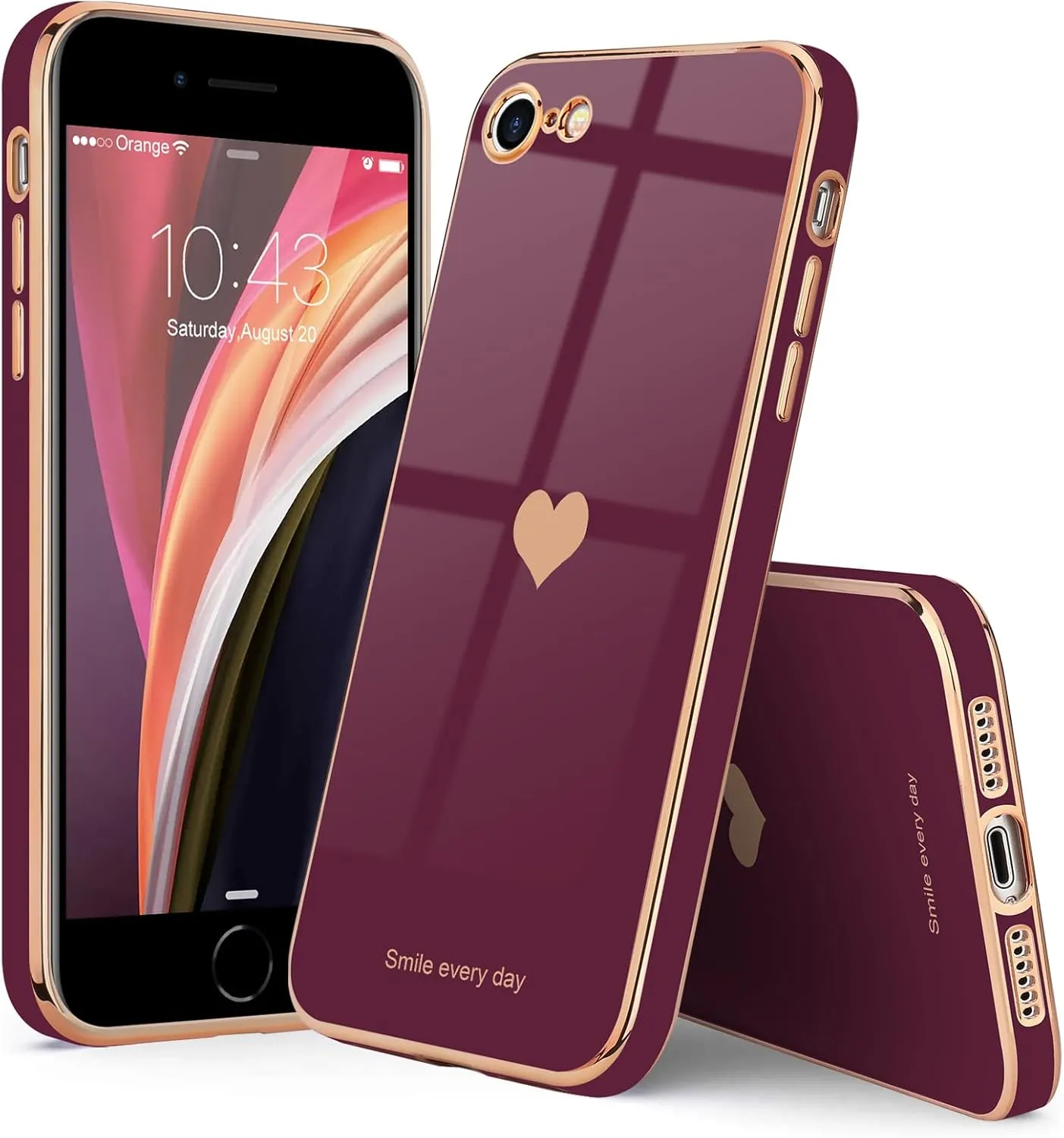 Teageo for iPhone SE 2020/2022 Case, for iPhone 7 Case, for iPhone 8 Phone Case for Women Girl Cute Love-Heart Luxury Bling Soft Cover Camera Protection Bumper Silicone Shockproof Case, Wine Red