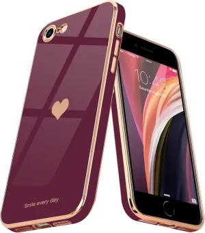 Teageo for iPhone SE 2020/2022 Case, for iPhone 7 Case, for iPhone 8 Phone Case for Women Girl Cute Love-Heart Luxury Bling Soft Cover Camera Protection Bumper Silicone Shockproof Case, Wine Red