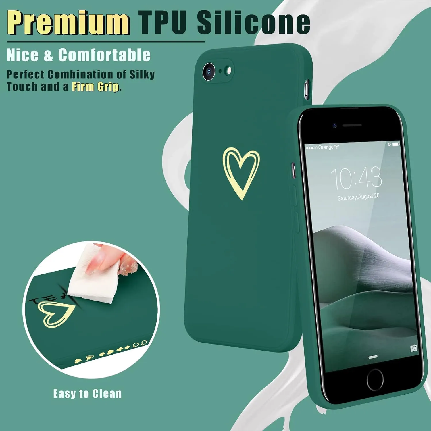 Teageo for iPhone SE 2022, SE 2020, iPhone 7, iPhone 8 Case for Women Girls, Cute Luxury Heart Phone Case [Soft Anti-Scratch Full Camera Lens Protection] Silicone Girly Shockproof Case-Dark Green