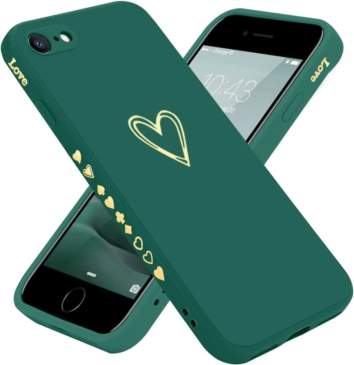 Teageo for iPhone SE 2022, SE 2020, iPhone 7, iPhone 8 Case for Women Girls, Cute Luxury Heart Phone Case [Soft Anti-Scratch Full Camera Lens Protection] Silicone Girly Shockproof Case-Dark Green