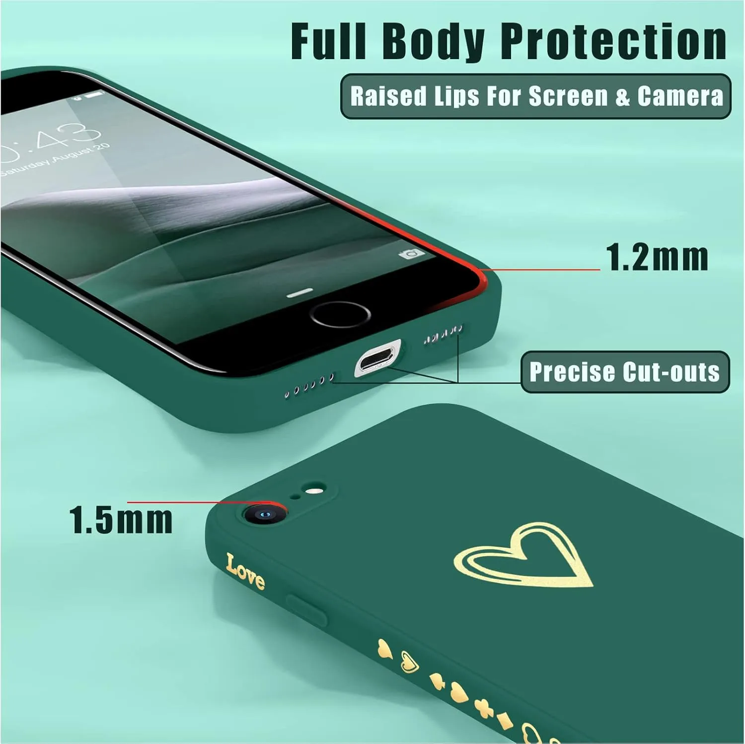 Teageo for iPhone SE 2022, SE 2020, iPhone 7, iPhone 8 Case for Women Girls, Cute Luxury Heart Phone Case [Soft Anti-Scratch Full Camera Lens Protection] Silicone Girly Shockproof Case-Dark Green