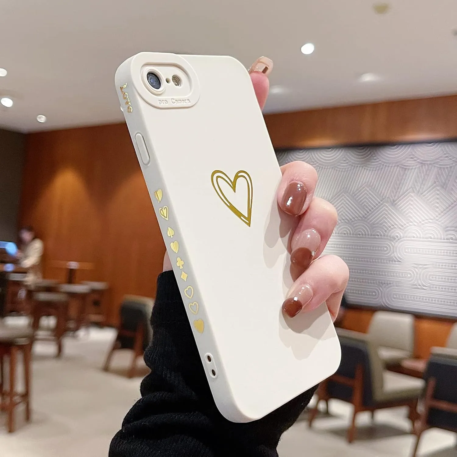 Teageo for iPhone SE 2022, SE 2020, iPhone 7, iPhone 8 Case for Women Girls, Cute Luxury Heart Phone Case [Soft Anti-Scratch Full Camera Lens Protective Cover] Silicone Girly Shockproof Case-Beige