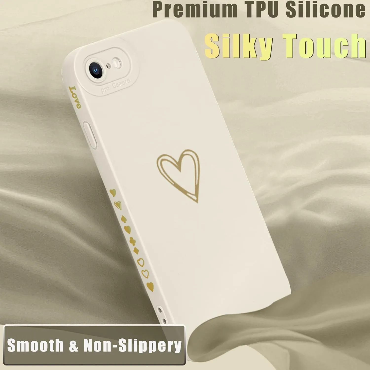 Teageo for iPhone SE 2022, SE 2020, iPhone 7, iPhone 8 Case for Women Girls, Cute Luxury Heart Phone Case [Soft Anti-Scratch Full Camera Lens Protective Cover] Silicone Girly Shockproof Case-Beige