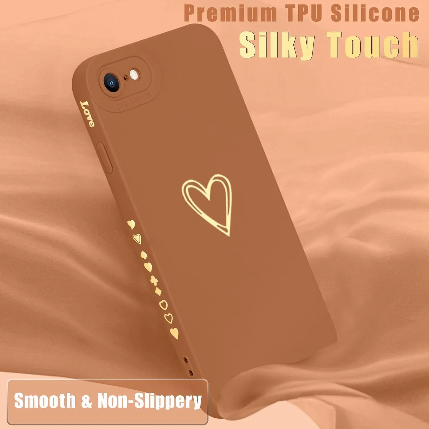 Teageo for iPhone SE 2022, SE 2020, iPhone 7, iPhone 8 Case for Women Girls, Cute Luxury Heart Phone Case [Soft Anti-Scratch Full Camera Lens Protective Cover] Silicone Girly Shockproof Case-Brown
