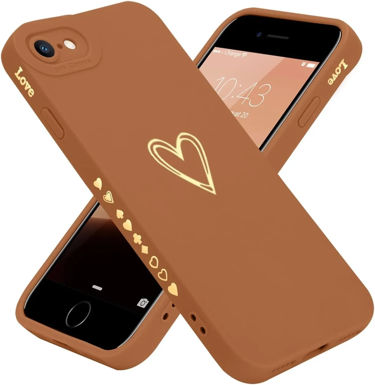 Teageo for iPhone SE 2022, SE 2020, iPhone 7, iPhone 8 Case for Women Girls, Cute Luxury Heart Phone Case [Soft Anti-Scratch Full Camera Lens Protective Cover] Silicone Girly Shockproof Case-Brown