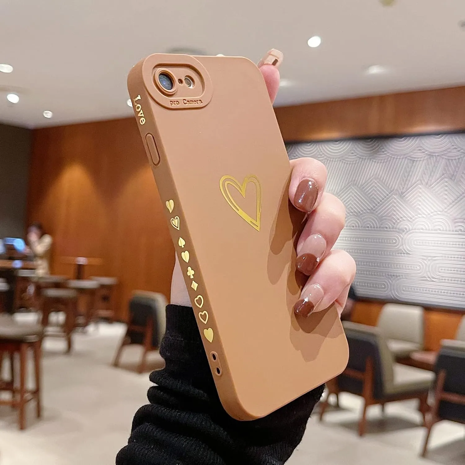 Teageo for iPhone SE 2022, SE 2020, iPhone 7, iPhone 8 Case for Women Girls, Cute Luxury Heart Phone Case [Soft Anti-Scratch Full Camera Lens Protective Cover] Silicone Girly Shockproof Case-Brown