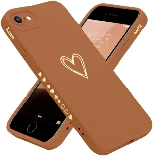Teageo for iPhone SE 2022, SE 2020, iPhone 7, iPhone 8 Case for Women Girls, Cute Luxury Heart Phone Case [Soft Anti-Scratch Full Camera Lens Protective Cover] Silicone Girly Shockproof Case-Brown