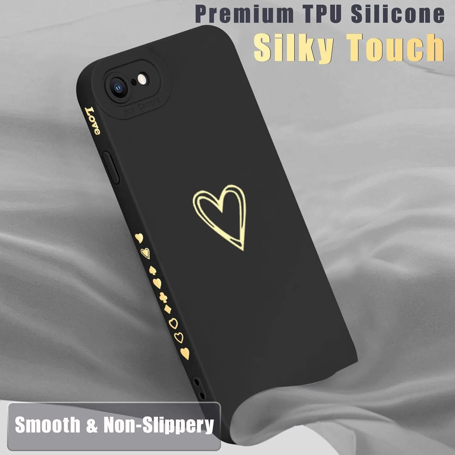 Teageo iPhone SE 2022/2020, 7, 8 Cute Luxury Heart Case - Soft, Anti-Scratch, Camera Protective Silicone Shockproof Cover - Black