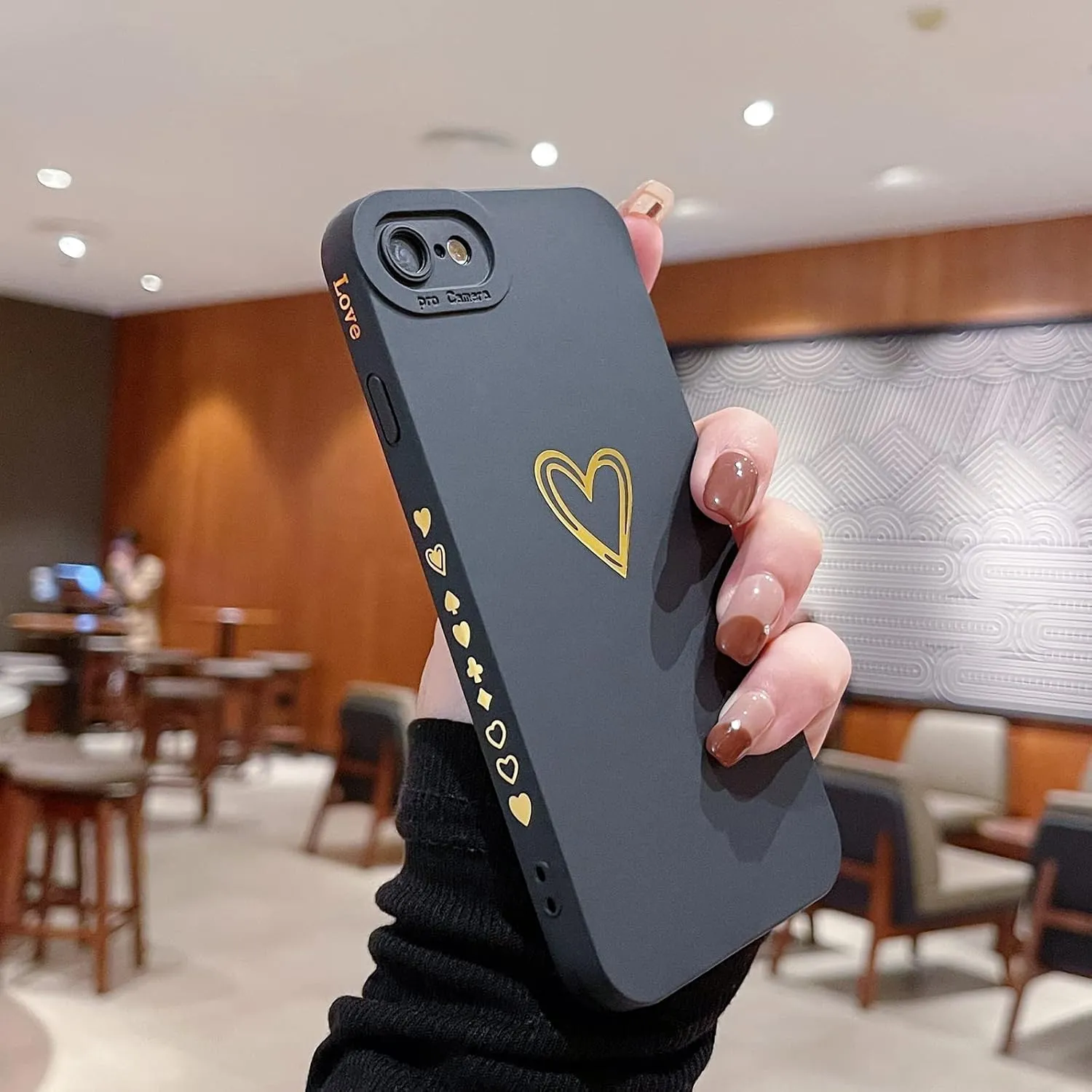 Teageo iPhone SE 2022/2020, 7, 8 Cute Luxury Heart Case - Soft, Anti-Scratch, Camera Protective Silicone Shockproof Cover - Black