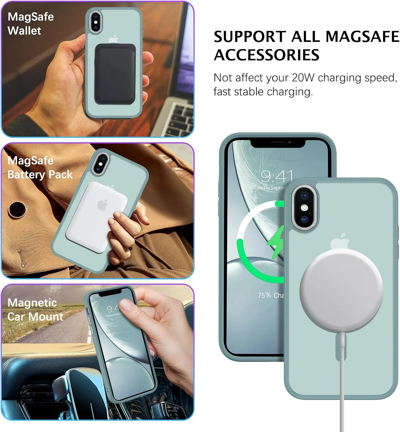 Telaso for iPhone X Case, iPhone Xs Phone Case Compatible with Magsafe Wireless Charging Translucent Matte Back Slim Shockproof Anti-Yellow Protective Magnetic for iPhone X/XS Case, Calke Green