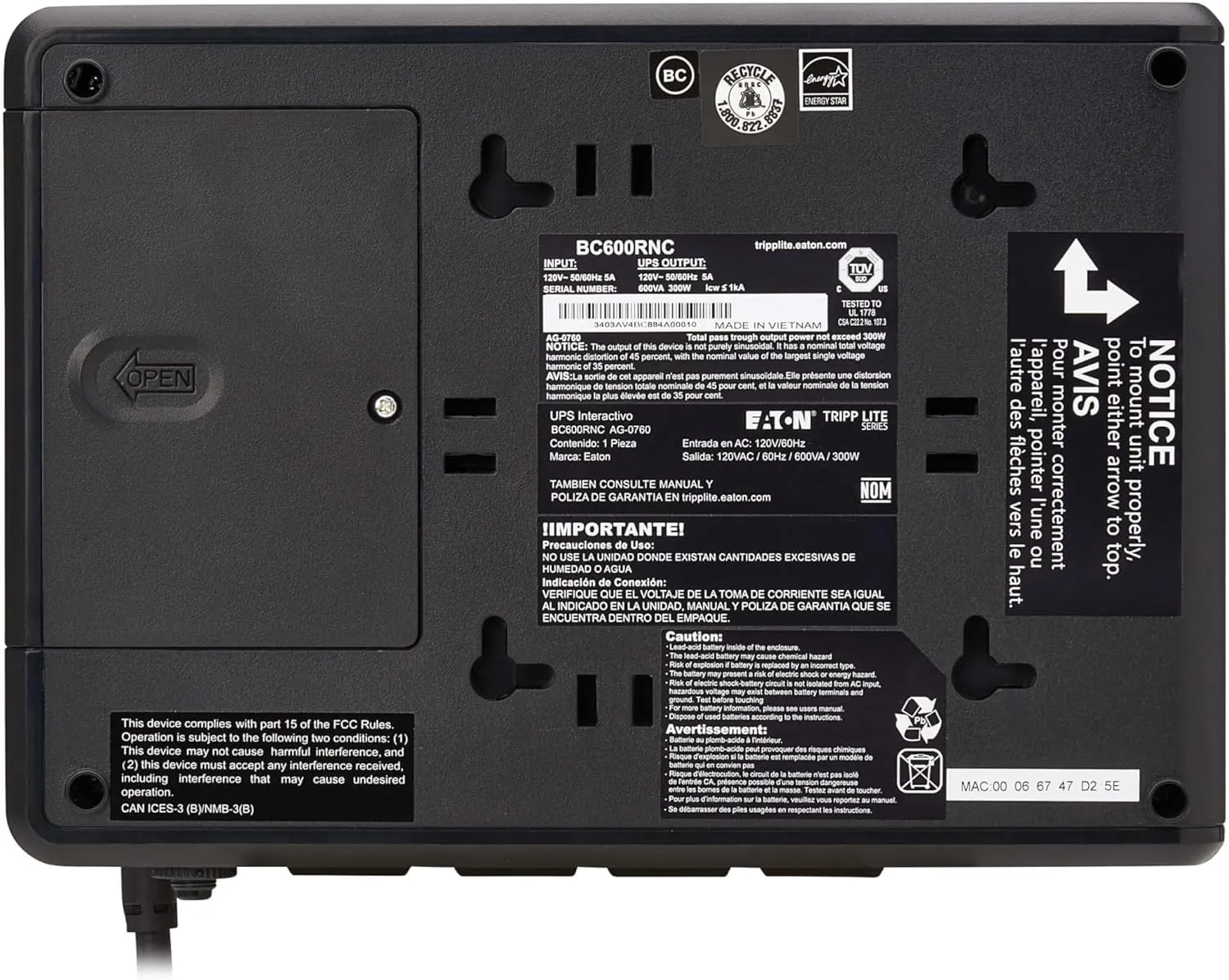 Tripp Lite Cloud-Connected 600VA UPS Battery Backup and Surge Protector, Remote Management & Monitoring, 300W, 4 Outlets, Computer UPS, Wall Mount Option, 5ft Cord, 3-Year Warranty (BC600RNC)
