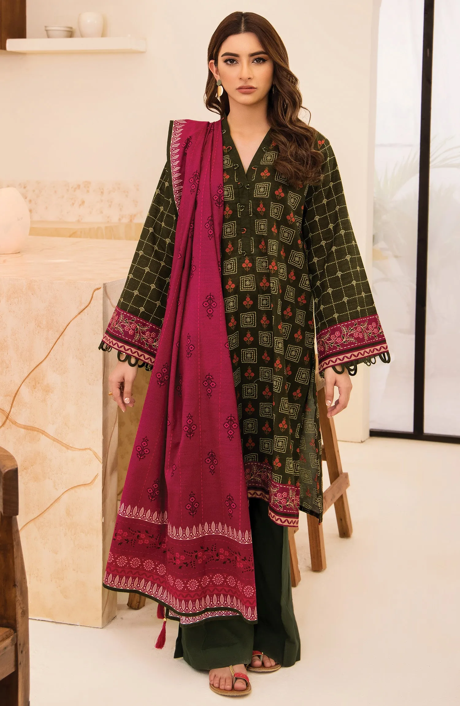 Unstitched 3 Piece Printed Khaddar Shirt, Pant and Khaddar Shawl Dupatta (OTL-21-280/U GREEN)