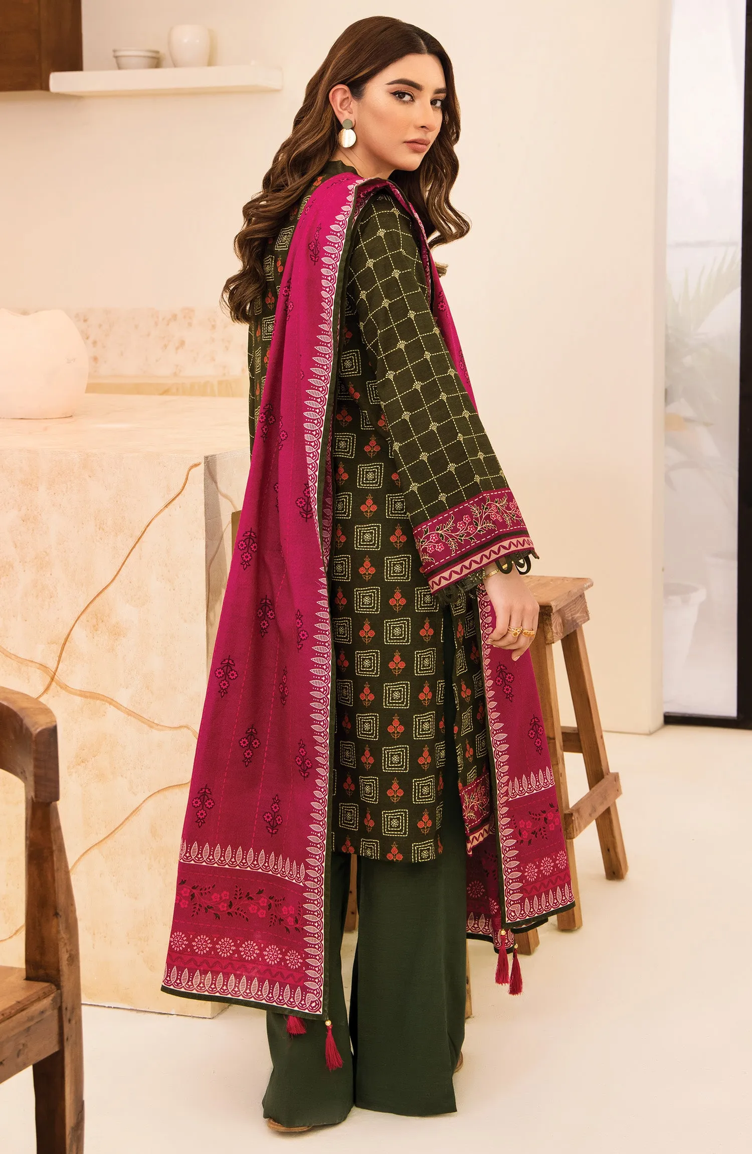 Unstitched 3 Piece Printed Khaddar Shirt, Pant and Khaddar Shawl Dupatta (OTL-21-280/U GREEN)