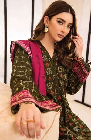 Unstitched 3 Piece Printed Khaddar Shirt, Pant and Khaddar Shawl Dupatta (OTL-21-280/U GREEN)