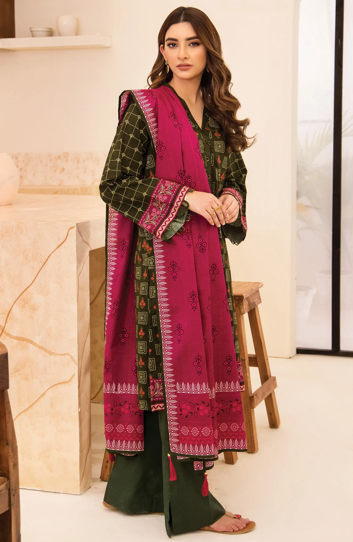 Unstitched 3 Piece Printed Khaddar Shirt, Pant and Khaddar Shawl Dupatta (OTL-21-280/U GREEN)