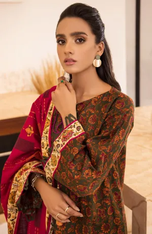 Unstitched 3 Piece Printed Khaddar Shirt, Pant and Khaddar Shawl Dupatta (OTL-21-281/U GREEN)