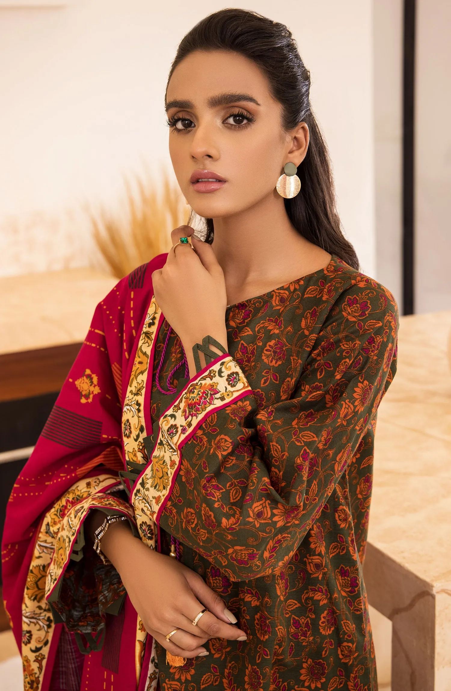 Unstitched 3 Piece Printed Khaddar Shirt, Pant and Khaddar Shawl Dupatta (OTL-21-281/U GREEN)