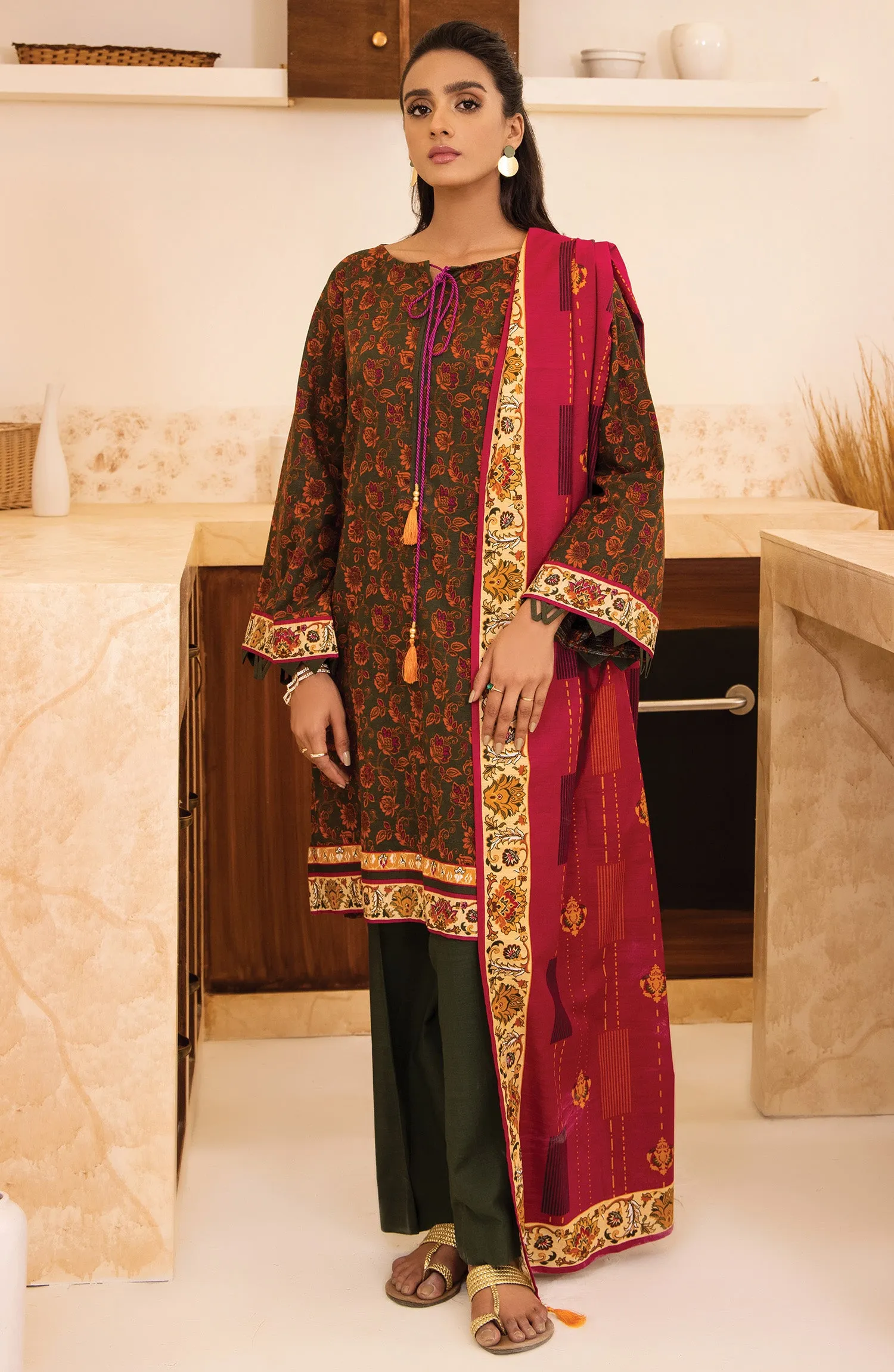Unstitched 3 Piece Printed Khaddar Shirt, Pant and Khaddar Shawl Dupatta (OTL-21-281/U GREEN)