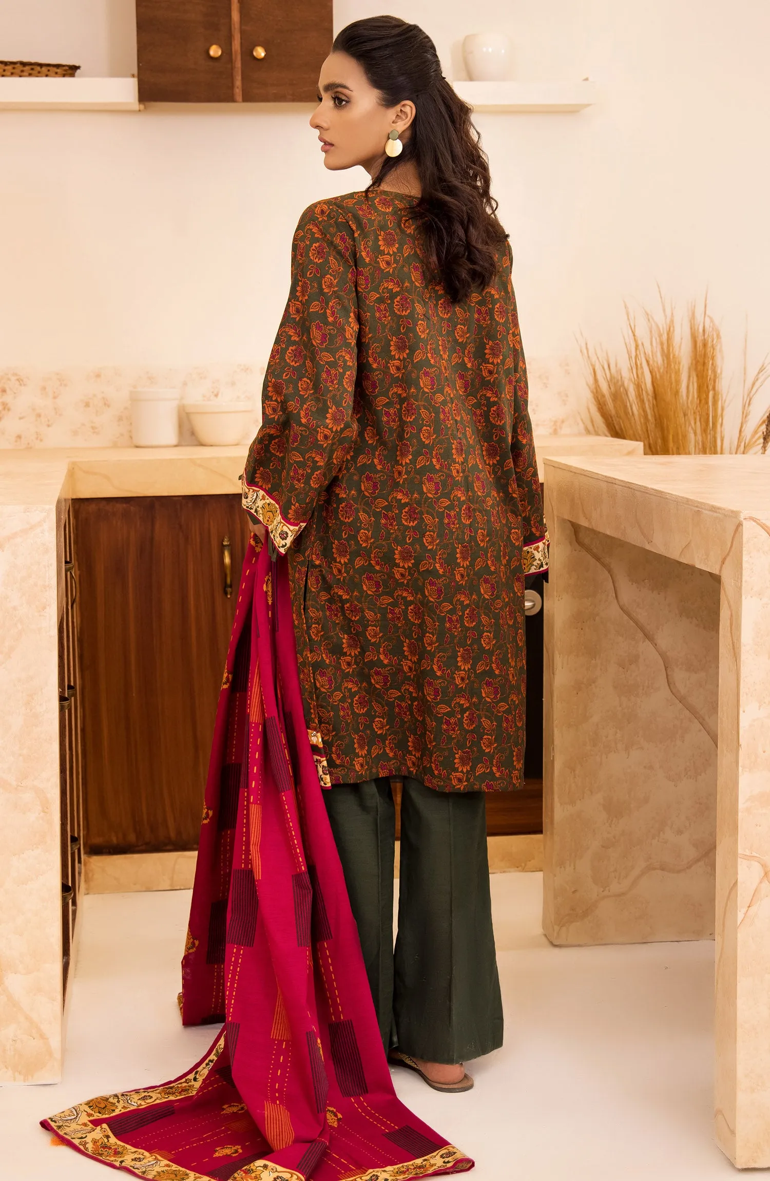 Unstitched 3 Piece Printed Khaddar Shirt, Pant and Khaddar Shawl Dupatta (OTL-21-281/U GREEN)