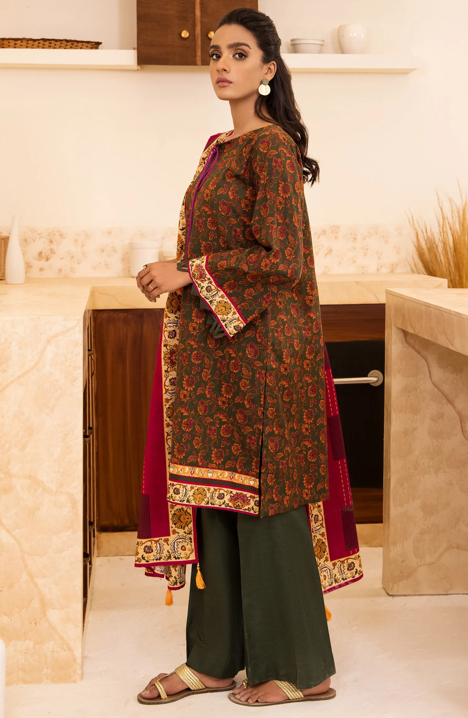 Unstitched 3 Piece Printed Khaddar Shirt, Pant and Khaddar Shawl Dupatta (OTL-21-281/U GREEN)