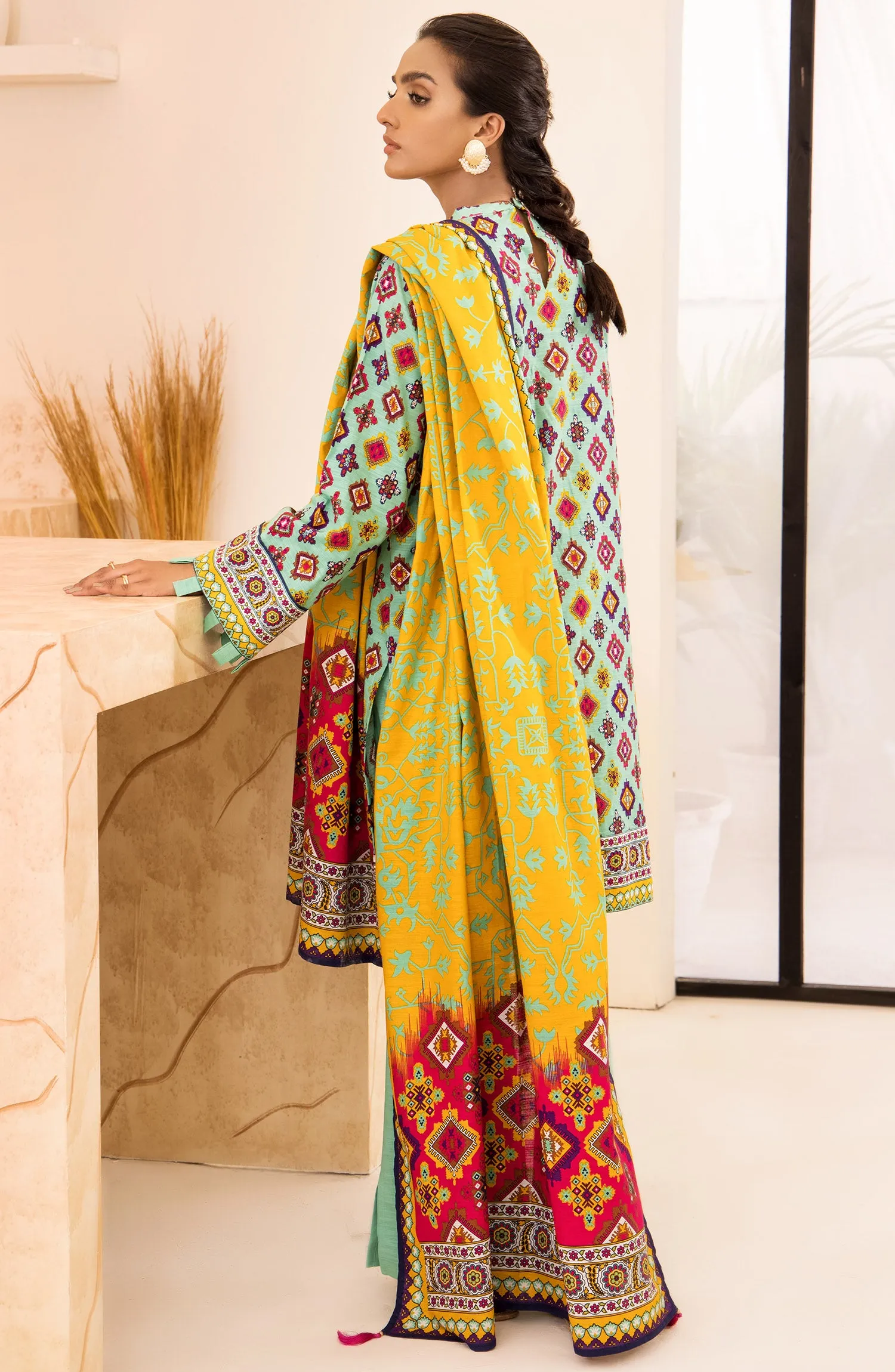 Unstitched 3 Piece Printed Khaddar Shirt, Pant and Khaddar Shawl Dupatta (OTL-21-292/U TEAL)