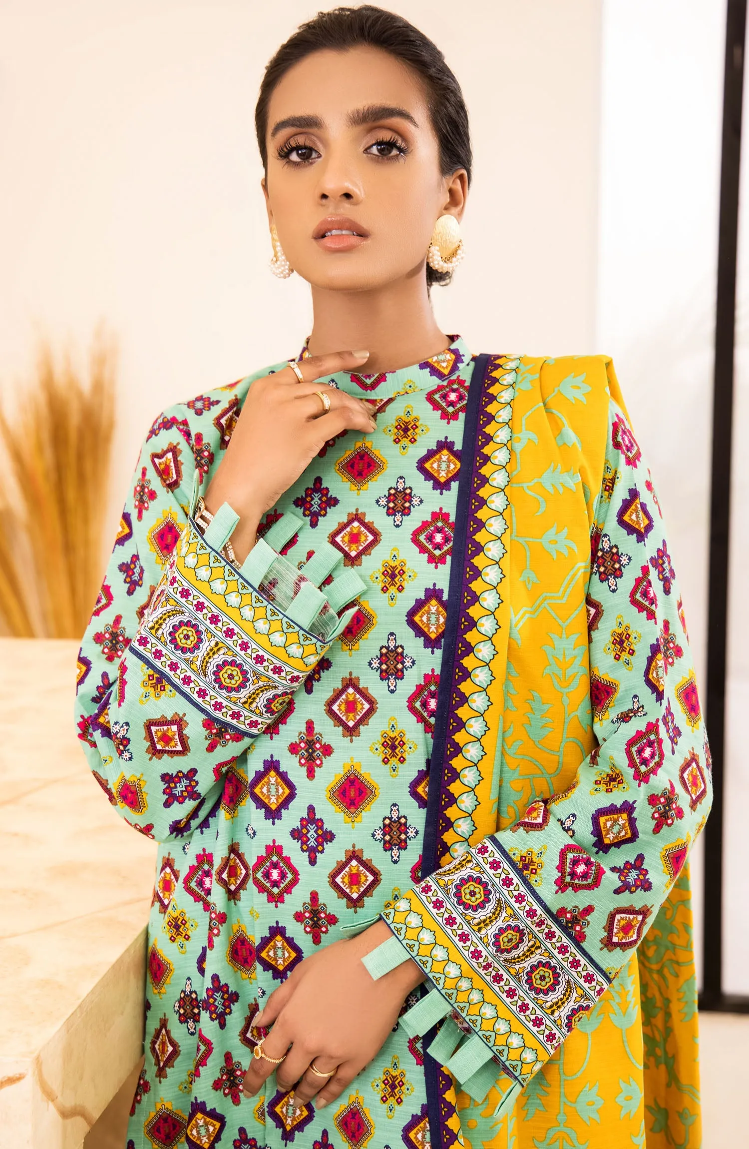 Unstitched 3 Piece Printed Khaddar Shirt, Pant and Khaddar Shawl Dupatta (OTL-21-292/U TEAL)