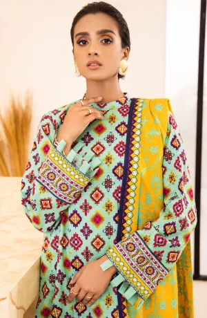 Unstitched 3 Piece Printed Khaddar Shirt, Pant and Khaddar Shawl Dupatta (OTL-21-292/U TEAL)