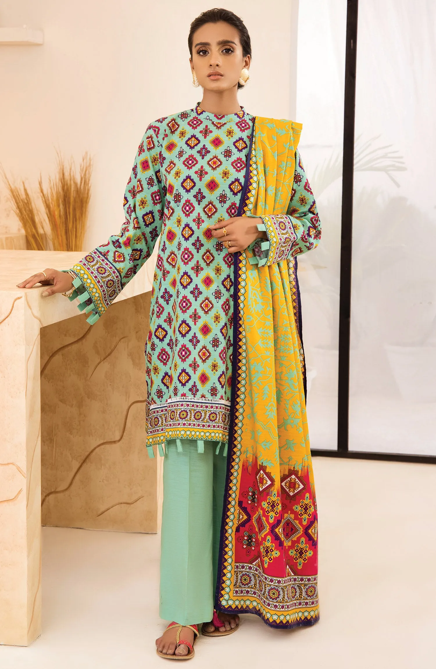 Unstitched 3 Piece Printed Khaddar Shirt, Pant and Khaddar Shawl Dupatta (OTL-21-292/U TEAL)